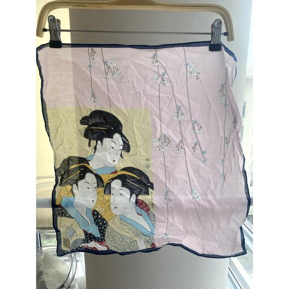 Pink Floral Japanese Ukiyoe Handkerchief 19'' x 19'' - Picture 2 of 3